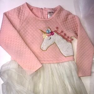 Little Lass soft Pink & White Unicorn Girls Dress size 5